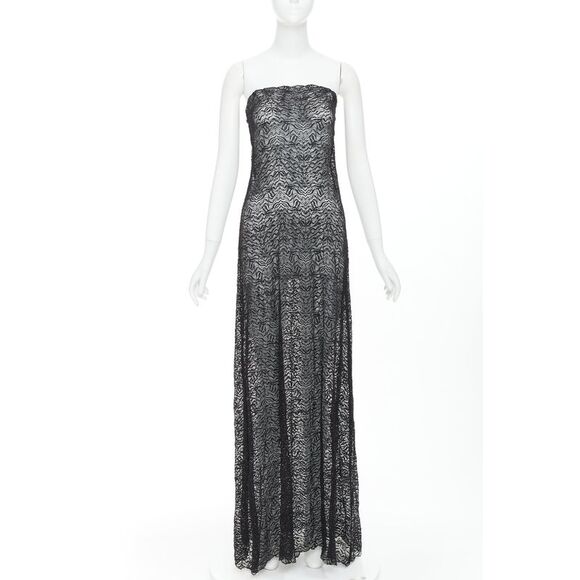 BEAUFILLE Anise black sheer stretch nylon lace knit strapless long dress M  - www.rajagirimanappuram.com